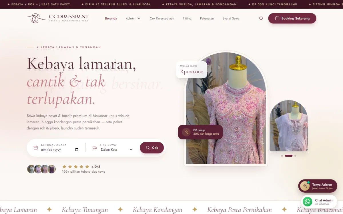 Tampilan beranda website CC Dress Rent
