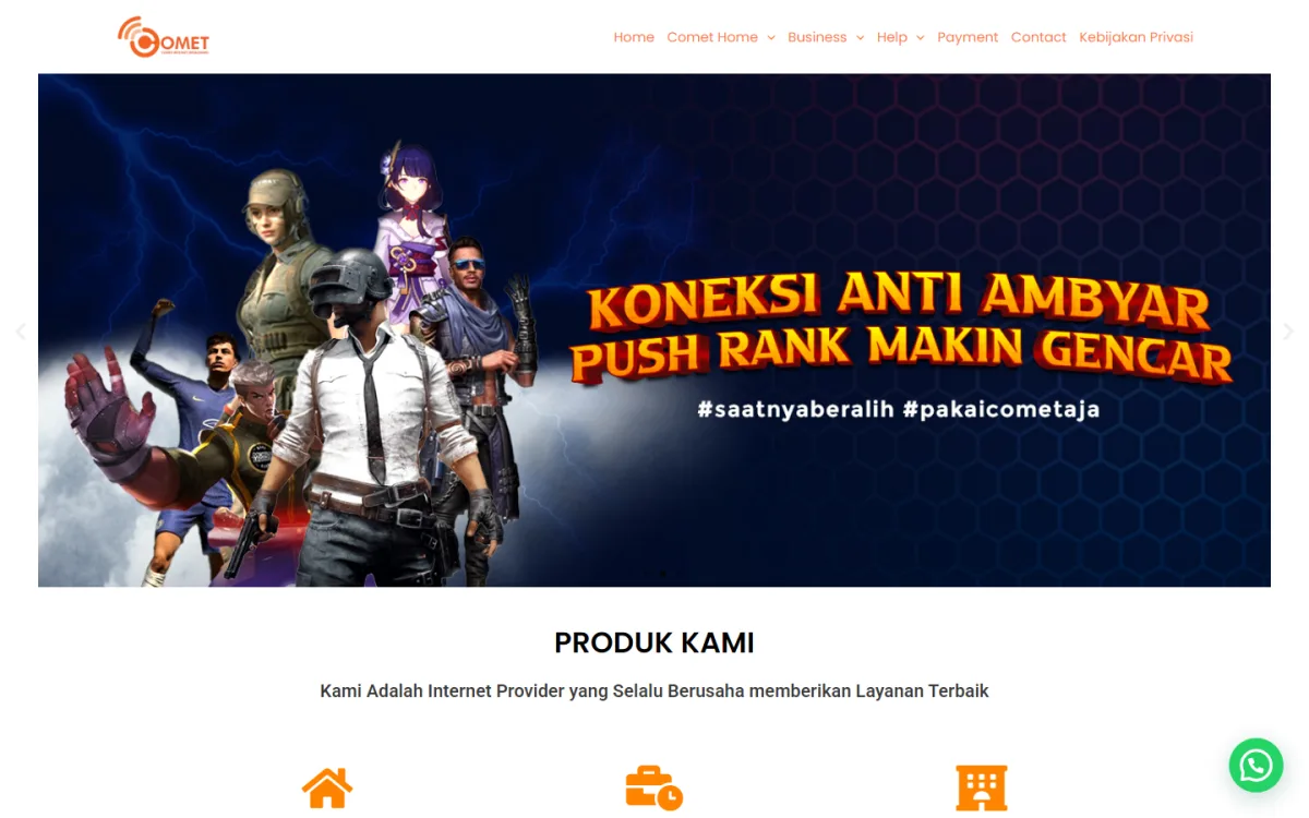 Tampilan beranda website Comet Internet
