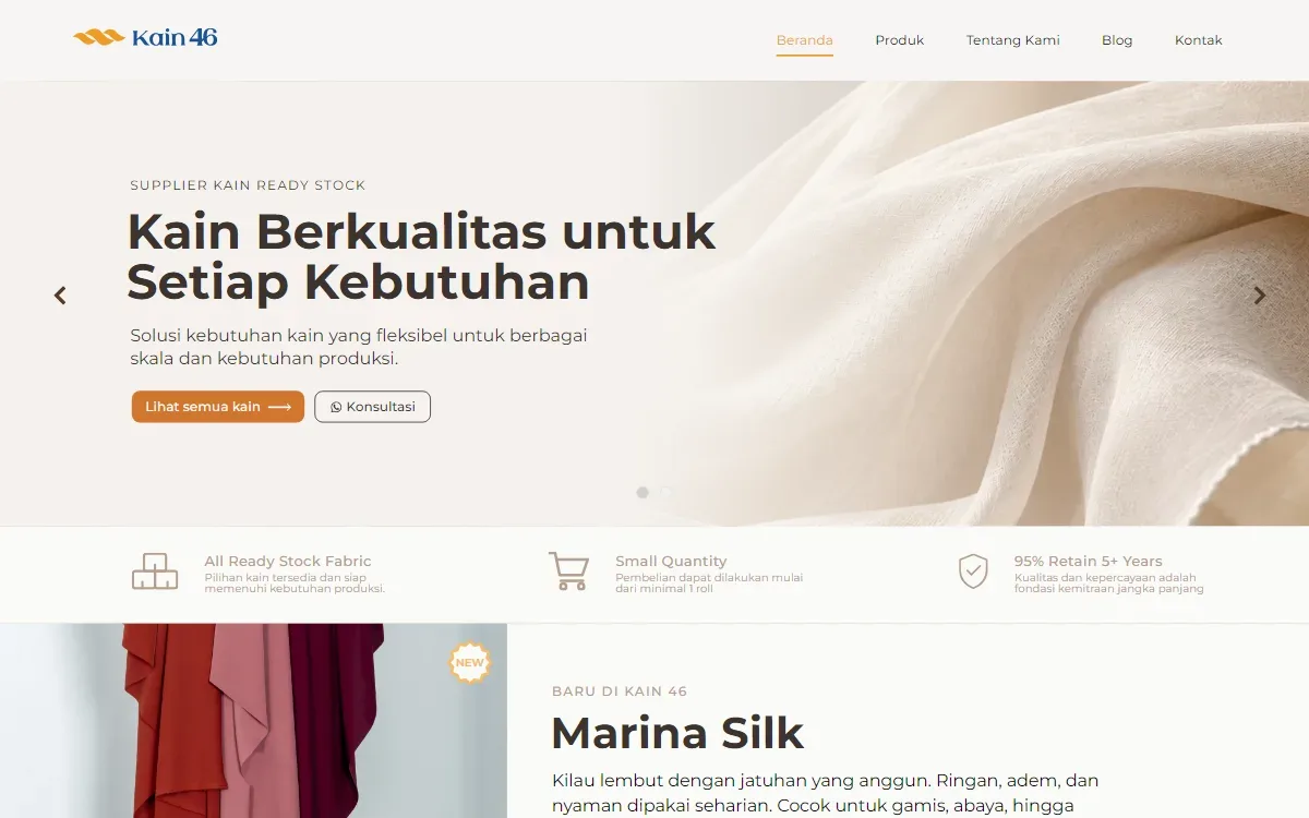 Tampilan beranda website Kain46