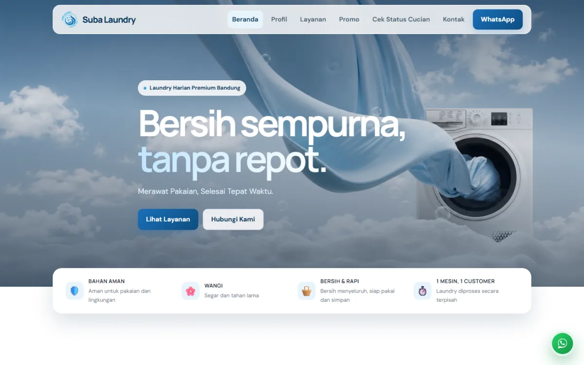 Tampilan beranda website Suba Laundry